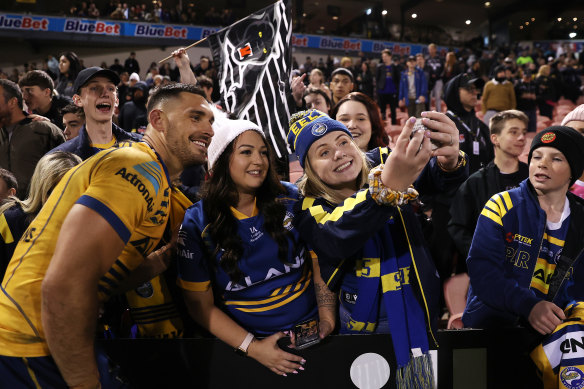 Ryan Matterson poses for selfies with Parramatta fans on Friday night.
