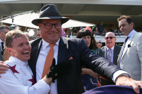 Jockey Barend Vorster and trainer Tony McEvoy enjoy Sunlight's Newmarket Handicap triumph. Vorster will be replaced by Luke Currie in Friday night's William Reid Stakes. 