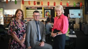 The three principals (from left): Anne Maree Jones of St Timothy’s Primary School, Steve Evans of Holy Saviour Parish Primary School and Karen Jebb of  Emmaus Secondary College.