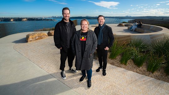 CHROFI architects Steven Fighera, Luke Hannaford and D’harawal eora Knowledge Keeper Dr Shannon Foster. Yiningma and Burrugula lookouts by CHROFI architects Steven Fighera and Luke Hannaford and design by Bangawarra in collaboration with D’harawal eora Knowledge Keeper Dr Shannon Foster and Wugulora academic Jo Paterson Kinniburgh is nominated for the small projects category of the NSW Architecture Awards. North Head, June 20, 2024. Photo: Rhett Wyman / SMH