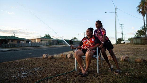 Melena Phineasa with her daughter Marhanna Phineasa on their front lawn in Cherbourg. 