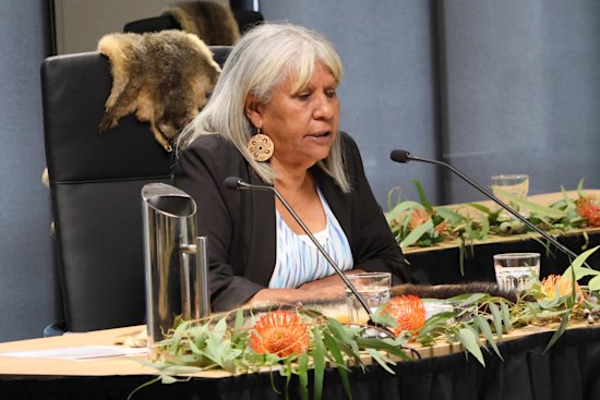 Aunty Eva Jo Edwards speaks at the Yoorrook Justice Commission inquiry. 