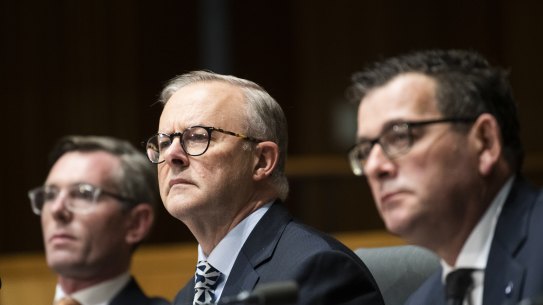Prime Minister Anthony Albanese (centre) with NSW Premier Dominic Perrottet and Victoria’s Daniel Andrews. 
