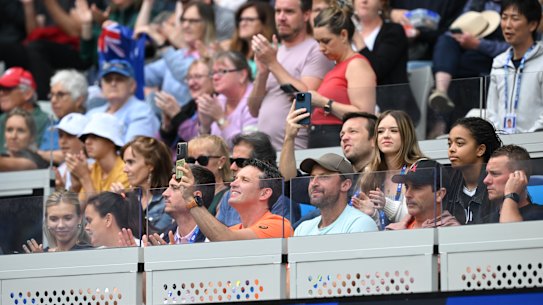 Supporters in Alex de Minaur’s players box at the Australian Open on Friday. 
