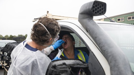 The Gateway COVID-19 testing clinic on Perry James Cres, Moree. Moree is experiencing a surge in COVID-19 cases after a super spreading at a recent funeral. Moree, November 8, 2021. Photo: Rhett Wyman/SMH