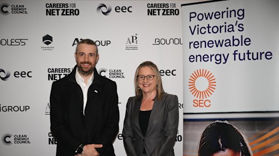 Victorian Premier Jacinta Allan with Atlassian’s Mike Cannon-Brookes on  announcing the SEC has been registered with ASIC.