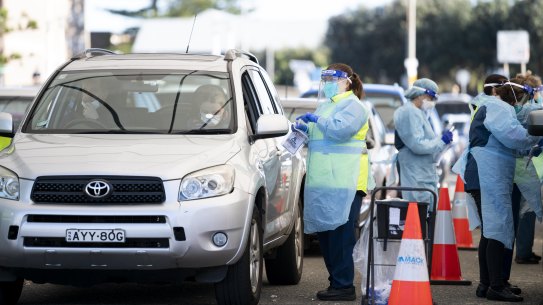 Bondi Beach’s drive-through testing clinic was processing large numbers of people on Thursday. 