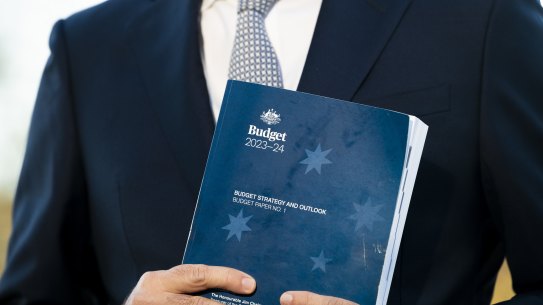 Treasurer Jim Chalmers holds a doorstop interview before handing down the 2023-2024 Budget. fedpol. May 9, 2023. Photo: Rhett Wyman / SMH