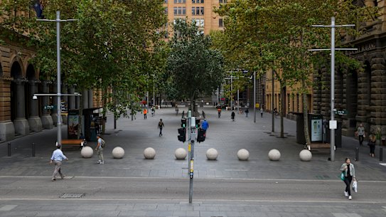 The finance hub of Sydney's Martin Place is quiet due to the coronavirus lockdown. 
