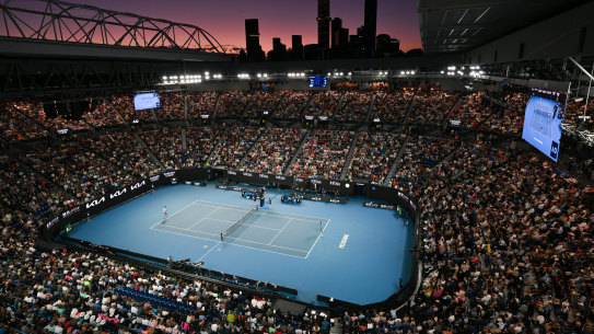 The sun sets over Rod Laver Arena.