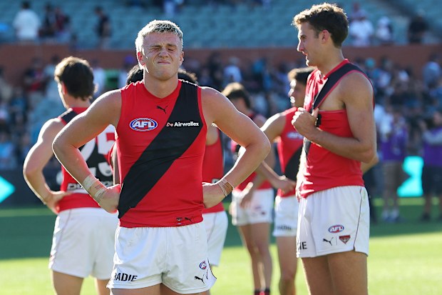 Nate Caddy of the Bombers frustrated after a loss.