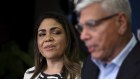 Jacinta Nampijinpa Price and Nyunggai Warren Mundine at a press conference in Brisbane on Saturday.