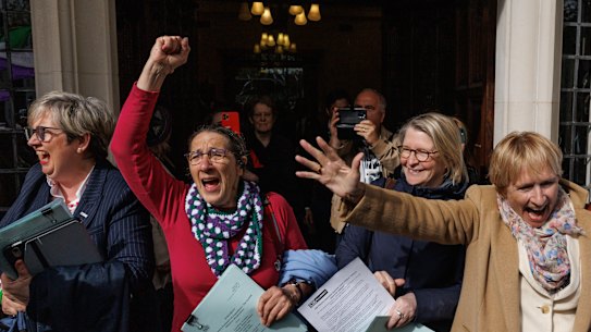 Celebrations outside London’s Supreme Court following its unanimous ruling that “the terms woman and sex in the Equality Act 2010 refer to a biological woman and biological sex”.