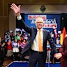 Prime Minister Anthony Albanese and Jodie Haydon during the Building Australia’s Future rally at the Parramatta Town Hall.