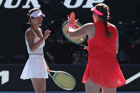 Su-Wei Hsieh (L) of Chinese Taipei and Jelena Ostapenko of Latvia celebrate set point in their Women’s Doubles Final match against Katerina Siniakova of Czechia and Taylor Townsend of the United States.