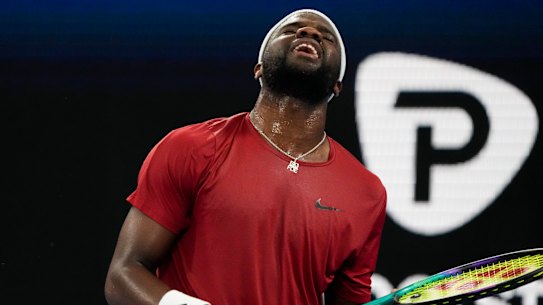 United States’ Frances Tiafoe reacts after losing a point to Poland’s Kacper Zuk during their semifinal match at the United Cup on Friday.