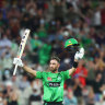 Glenn Maxwell raises his bat after passing 150 against the Hurricanes on Wednesday. 
