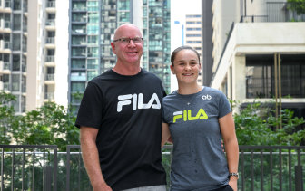 Ash Barty and coach Craig Tyzzer speak to the media in Brisbane on Thursday.