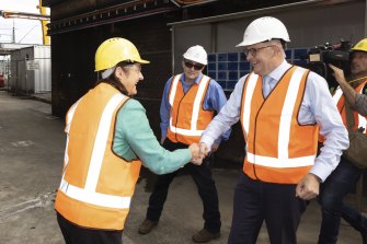 Opposition Leader Anthony Albanese greets Labor MP Fiona Phillips during a visit to a Nowra ethanol refinery today.