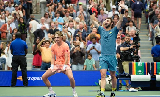 Max Purcell (left) and Jordan Thompson won this year’s US Open doubles title.