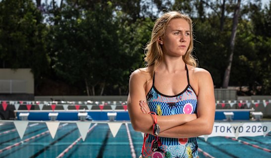 Boxall's star pupil, world champion Ariarne Titmus, in front of the Tokyo 2020 sign that has been flying at St Peters.