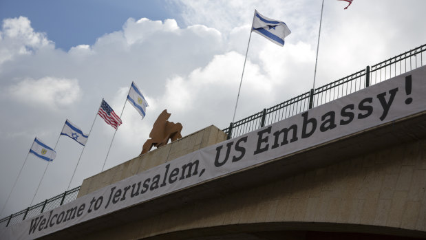 A sign on a bridge leading to the US Embassy ahead of Monday's official opening in Jerusalem.