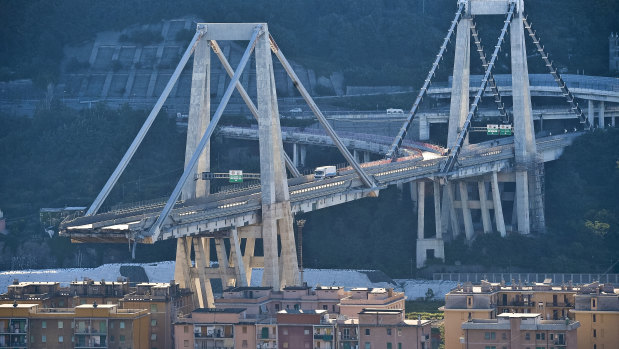 General view of the collapsed Morandi highway bridge in Genoa, northern Italy.