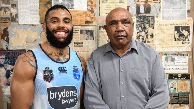 Across the generations: Josh Addo-Carr with grandfather Wally Carr after the boxing session. He wasn't too impressed.