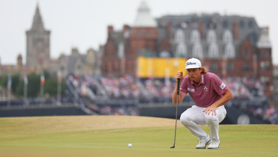 Cameron Smith lines up his putt on the 16th green.