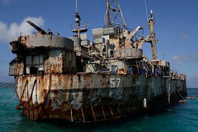 The rusting Philippine Navy ship Sierra Madre was run aground at Second Thomas Shoal in 1999 and is still manned by a crew of troops.