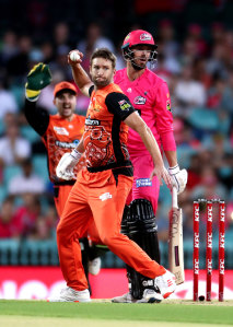 SCG villain ... Andrew Tye plays his part in running out Josh Philippe.
