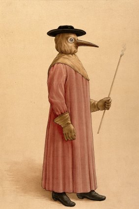 A plague doctor from Florence wearing the typical astonishing protective clothing.