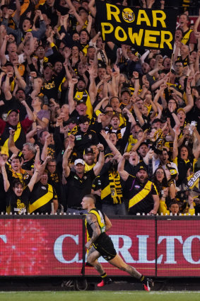 Tigers' den: Richmond fan favourite Dustin Martin gets the MCG crowd roaring.