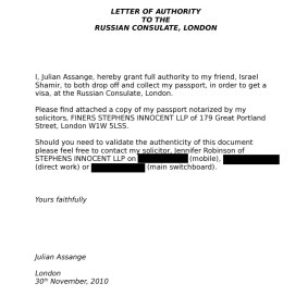 This document obtained by AP shows a letter to the Russian Consulate in London dated November 30, 2010. 