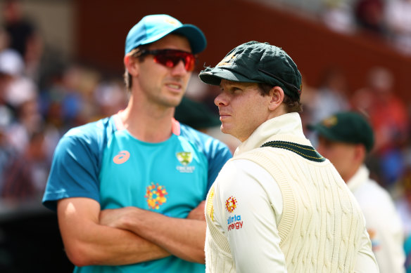 Pat Cummins with acting captain in Adelaide, Steve Smith