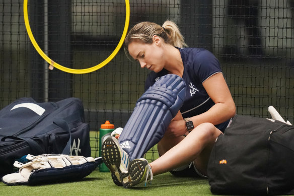 Star all-rounder Ellyse Perry prepares to bat during a Women's National Cricket League training session on Monday.