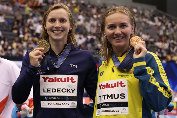 Titmus (right) with her rival, US middle-distance GOAT Katie Ledecky (left).