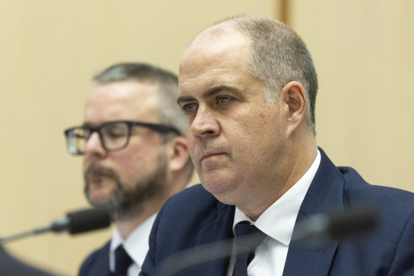 ABC director of news Justin Stevens, and managing director David Anderson during the Senate estimates hearing.