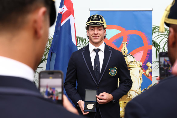 Mark Nawaqanitawase poses for a photo during the Wallabies’ World Cup welcome ceremony in Saint-Eteinne. 