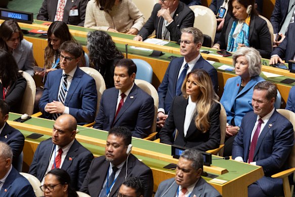 Secretary of State Marco Rubio and First Lady Melania Trump listen as President Donald Trump addresses the UN.