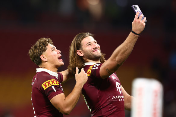 Reece Walsh and Pat Carrigan have shared a close bond on their paths into the Maroons fold.