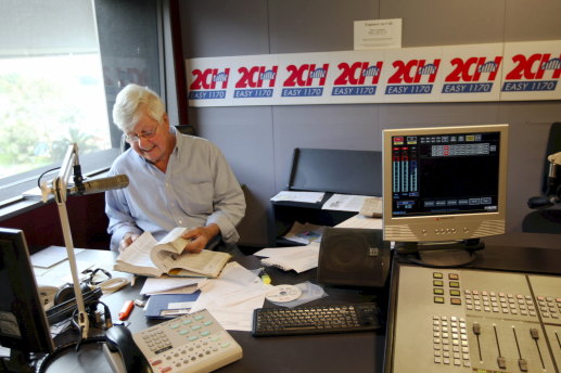 Portrait of Bob Rogers at his broadcast desk at radio station 2CH in Pyrmont, 2010.