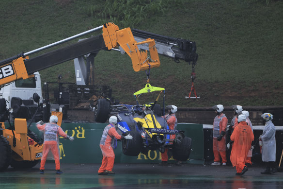 The car of Williams driver Franco Colapinto after a crash during qualifying in Brazil.
