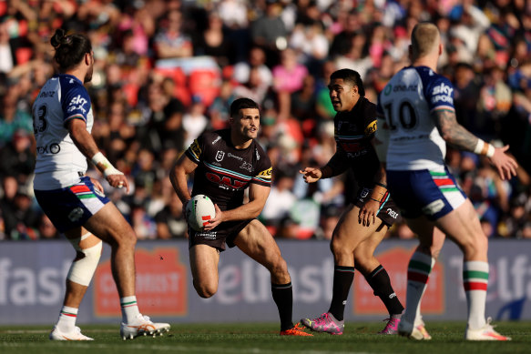 Nathan Cleary runs the ball against the Warriors in week one of the finals.