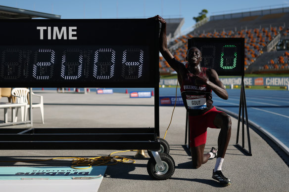 Gout Gout after breaking the Australian 200m record in Brisbane on Saturday.