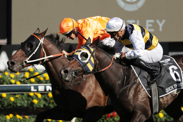 Quick Thinker and Zebrowski fight out the finish of the Australian Derby.