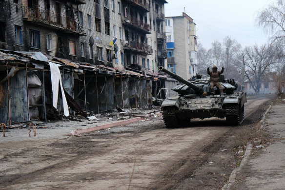 A Ukrainian tank drives down a street in the heavily damaged town of Siversk, near the front line of the war with Russia, at the weekend.
