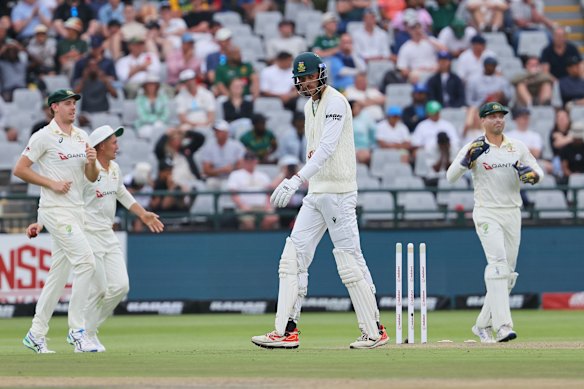 Marco Jansen is bowled.
