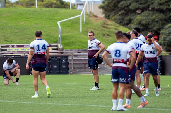 Jake Trbojevic takes a breather at Manly training on Monday.