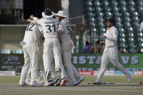 The moment of victory: Australia outlast Pakistan in Lahore last year.